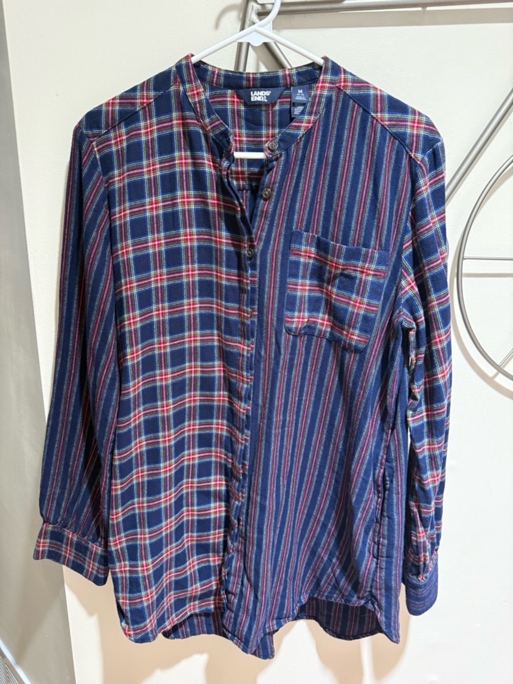 Lands' End Women’s Mixed Plaid & Stripe Button-Up Shirt - Navy/Red Size M Cotton
